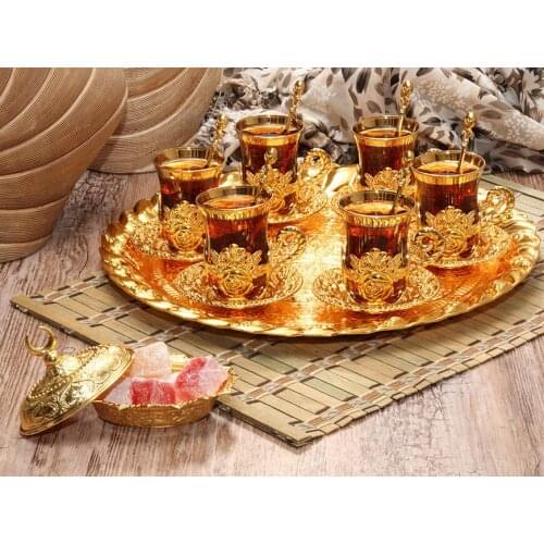 Six Person Tiryaki Tea Round Tray Set 2 Different Color Option Handmade Tea Presentation Set 235