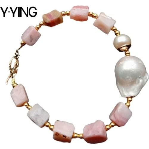 Natural Pink Opal nugget Rough White Keshi Pearl gold color plated beads Bracelet 8" toggle clasp