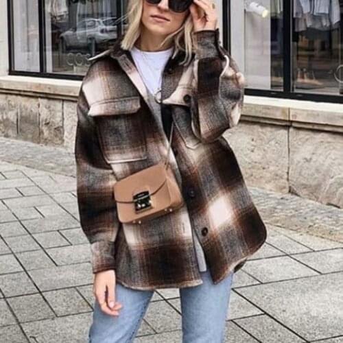 NEWDISCVRY 2020 Women Long Sleeve Woolen Coats Fashion Ladies Thick Plaid Coat Female Streetwear Elegant Girls Oversize Jacket