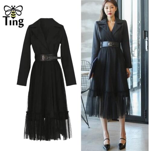 Tingfly Vogue Fashion Notched Collar Black Midi Long A Line Dress with Belt Vintage Elegant Mesh Hem Winter Autumn Work Dress Z
