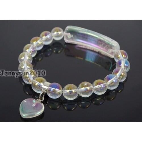 Natural Clear Crystal AB Gems Stone Heart Bar Round Beads Stretchy Bracelet Healing Reiki Chakra 5Strands / Pack