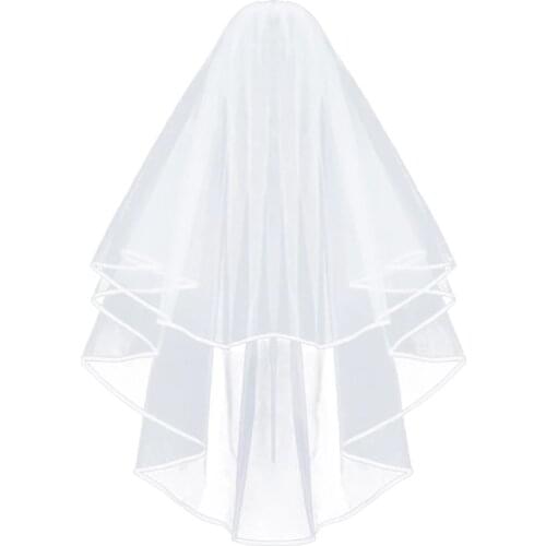 Clean and Fresh Looking Wedding Veil Bridal Tulle Veils with Comb Lace Ribbon Edge White Ivory