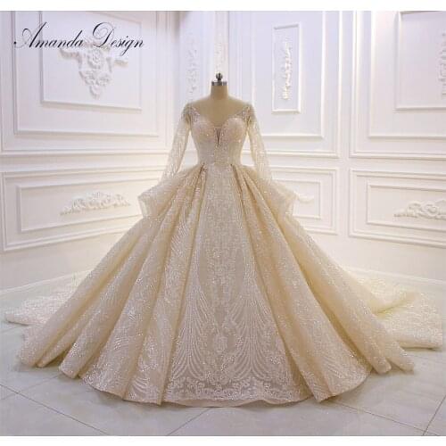 Amanda Design abito da sposa Full Sleeve Crystal Beads Pleated Champagne Luxury Wedding Dress
