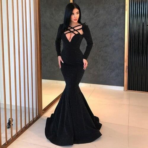 Sexy Black Prom Dress Mermaid Long Sleeves Sheath Formal Party Gown Custom Made Cross Front Pagent Dresses