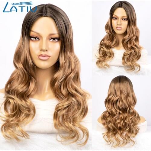 Lativ Synthetic Long Wavy Ombre Brown Wig For Black Women Glueless Hair Heat Resistant Natural Wigs