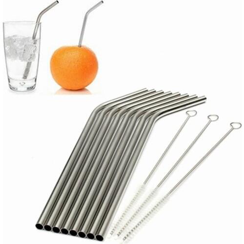 Stainless Steel Metal Reusable Stainless Steel Drinking Straw Metal Straight Curved with Cleaner Brush for Kitchen Home Bar tool