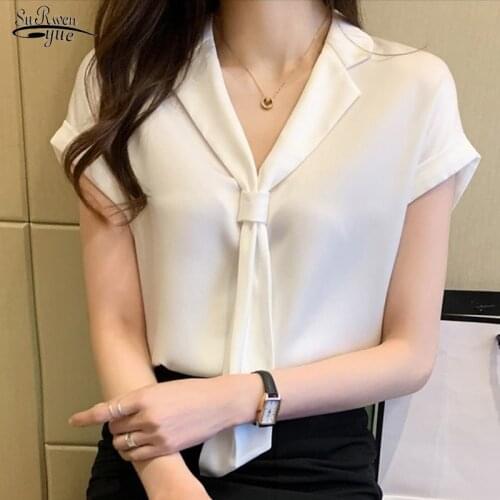 Summer Fashion Solid Loose Casual Woman Shirt White Tops Short Sleeve Chiffon Blouse Women V-neck Plus Size Female Clothes 13926