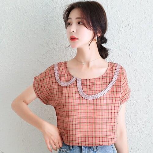 Plaid Korean Fashion Summer WomenS Clothing Short Sleeve Vintage Shirts Blouses Top New Vetement Femme 2021 Female Elegant