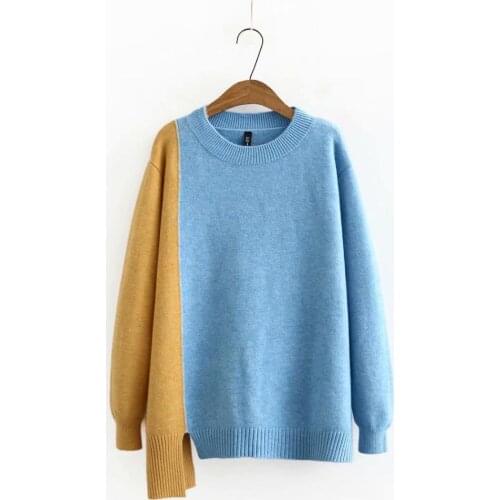 Plus size patchwork O neck women loose sweaters 2021 new winter casual ladies pullovers knitted sweater female tops blue Beige