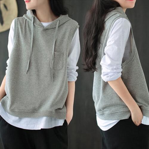Hoodies Women Hooded Cotton Vest Loose Pullover Leisure Sleeveless Sweater Top Outer Wear Sweatshirts Tops