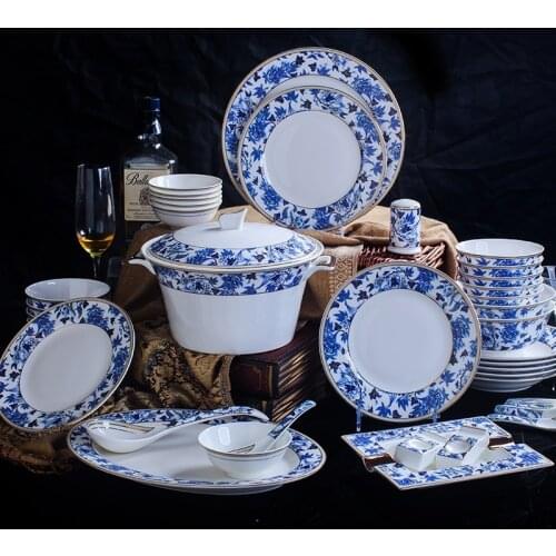 Jingdezhen tableware set 58 hand painted gold Chinese blue and white bone china gift giving household Golden Lotus