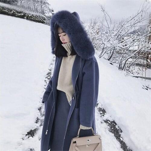 New Fashion Hooded Fur Collar Long Woolen Coat For Women Autumn Winter Jackets and Coats Plus Size 5XL Loose Slim Overcoat f2190