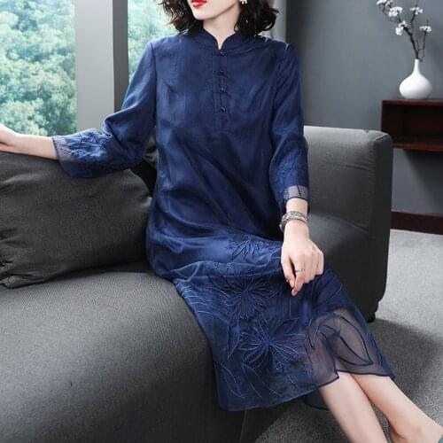 Spring Fall Vintage Womens Mandarin Collar 3/4 Sleeve Navy Orange Cheongsam Dress , Loose Chipao Dresses for Woman