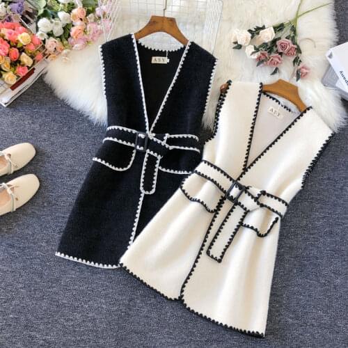 2020 Spring Autumn Woolen Vest Women Korean Slim Medium Long With Belt Sleeveless Waistcoat New Fashion Ladies Vests Mujer A215
