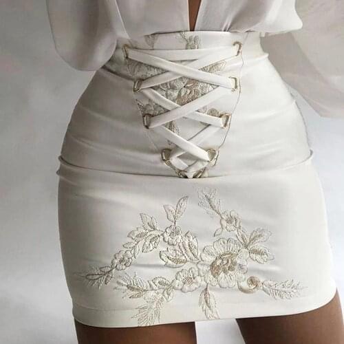 White Floral Chinese Style Embroidery Skirt Lace High Waist Bag Hip Skirt A-Line for Woman Fashion Bandage Beige Party Skirt