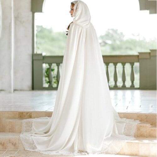 White Silk Bridal Cape Long Hooded Wedding Cloak Lace Custom Made Bride Bolero Wedding Wrap Jacket
