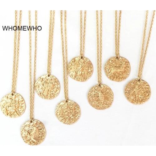 Gold Chain Hammered Metal Embossment 12 Zodiac signs Pendant Choker Necklace Korean Fashion Neck Jewelry Minimalist Accessories