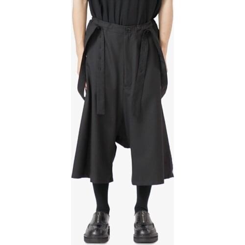 Suspenders Black cropped trousers male loose large size decoration street dark Japanese cropped harem pants