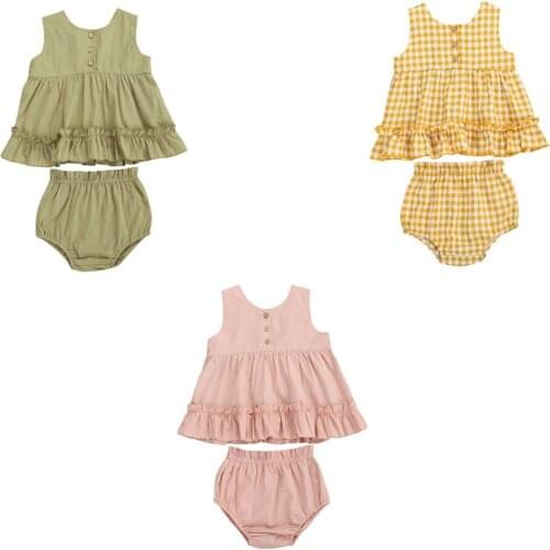 Citgeett Summer Solid Clothes Baby Girls Shirt High-Waist Shorts Suit O-Neck Ruffle Hem Sleeveless Buttons Toddler Cotton Set