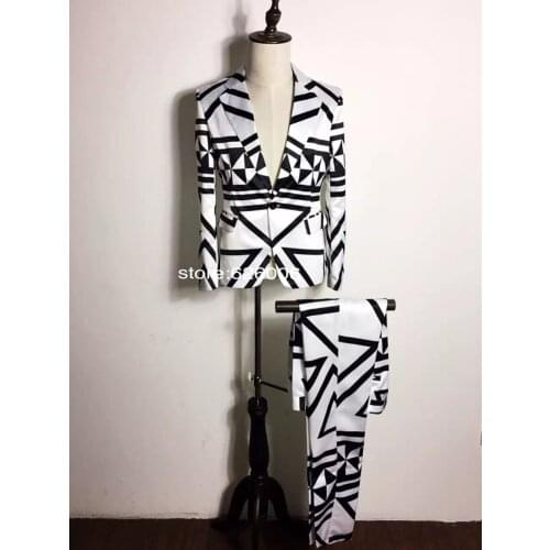 Mens Fashion Black and white Geometry Slim suits balzers Costumes Nightclub male singer dj stage show performance wear