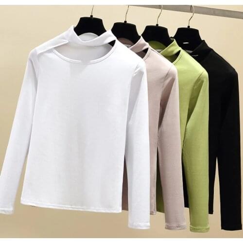 2021 New Womens Cotton T-shirt Long Sleeve Women T shirt Casual Tee Woman T-shirt Half Turtleneck Hollow Out Female Clothing