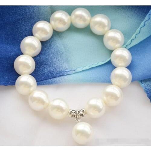 Z6282 14mm WHITE SOUTH SEA SHELL PEARL Stretch BRACELET PENDANT 8inch @^Noble style Natural Fine jewe SHIPPING new >>free shippi