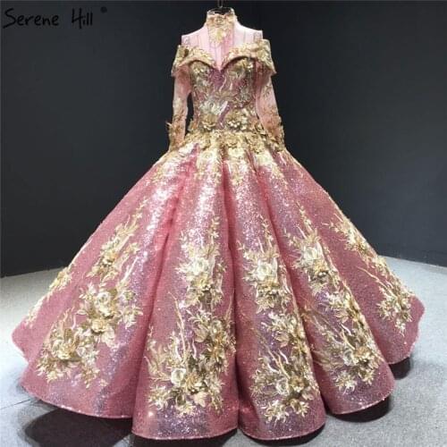 Pink Luxury Handmade Flowers Wedding Dresses 2020 Dubai Long Sleeves Sequined Bridal Gowns Serene Hill HM66704 Custom Made