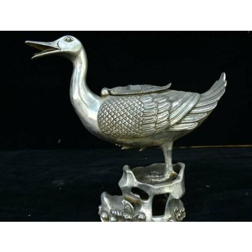 Old China Qing Dynasty Palace Silver Auspicious Duck Bird Incense Burner Censer