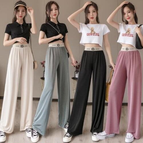2021 Autumn Pants for Women Wide Leg Casual Loose Plus Size Long Pants Ankle-Length Trousers High Waist Khaki Silk Satin Pants