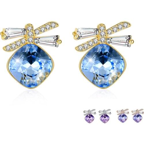 SILVERHOO 925 Sterling Silver Stud Earrings For Girl Austria Crystal Romantic Bowknot Women Earring Wedding Fine Jewelry