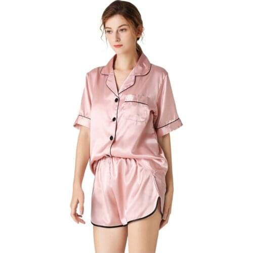 Womens Short-sleeved Cardigan Sleep Tops with Shorts Pajamas Set Womens Pajamas Loose Style Home Sleepwear Satin Sleepwear