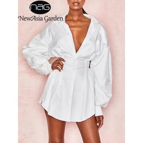 NewAsia White Shirt Dress Women Long Lantern Sleeve Turn-down Collar Casual Dress With Corset Belt Sexy Office Ladies Clothing