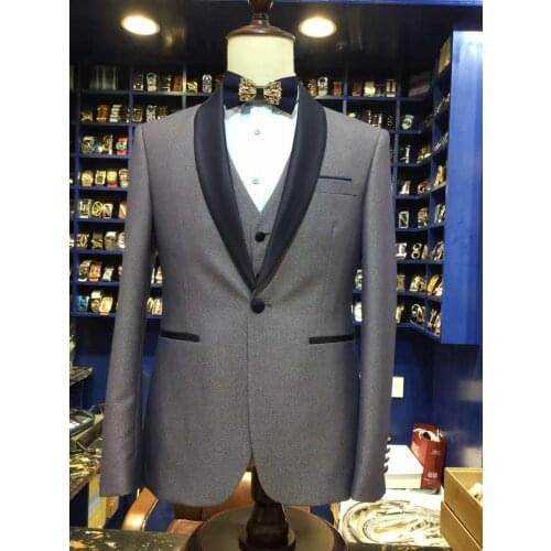 2017 Latest Coat Pant Designs Smoking Grey Shawl Lapel Men Suit Slim Fit Skinny Tuxedo 3 Piece Custom Groom Suits Blazer Ternos