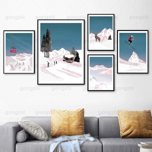 Abstract Polar Snowy Ski Lift Elk Landscape Poster Snowy Mountain Nordic Frameless Canvas Hd Printing Wall Painting Decoration