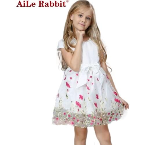 AiLe Rabbit 2016 New Girls Dress flower Bow Butterfly Fashion Party Pageant Casual Kids Clothing Size 2-11