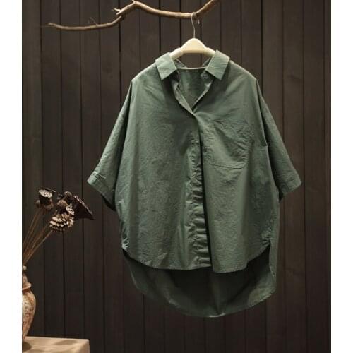 Asymmetrical Solid Cotton 100% Women Shirts Summer Vintage Loose Turn-Down Collar Pocket Casual All Match Female Outwear Tops