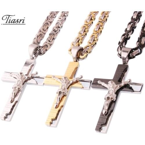 Tiasri Jesus Cross Pendant Necklace For Men Women Halloween Gifts For Friends 6mm Byzantine Chain Stainless Steel Jewelry Choker