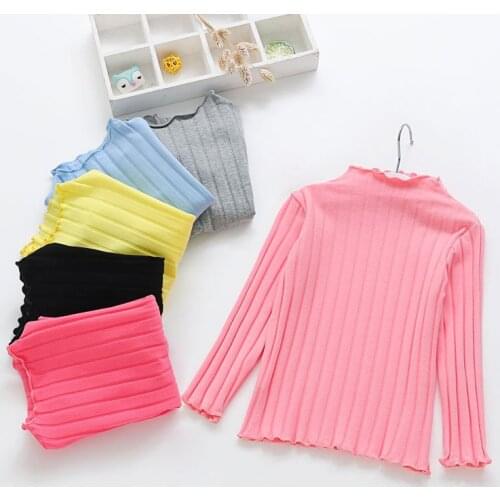 Kid girls long sleeve T-shirt infant toddler tops 2020 fall Solid pink yellow black blue children Knitted Sweaters High neck