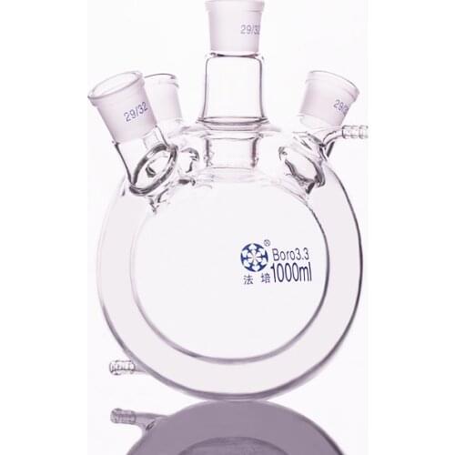 Double-deck spherical four oblique necks round bottom flask,Capacity 1000ml,Joint 29/32,Mezzanine jacketed reactor bottle