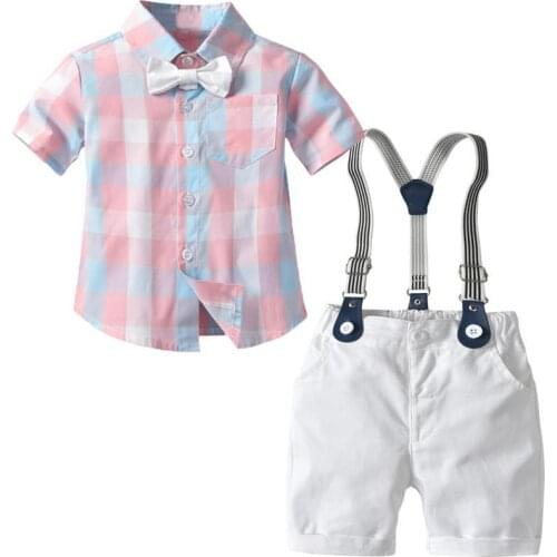 Toddler Boy Pink Plaid Shirt Set Clothes Summer Baby Boys Formal Shorts Kid Gentleman Shirt Wedding Party Costume KF1068