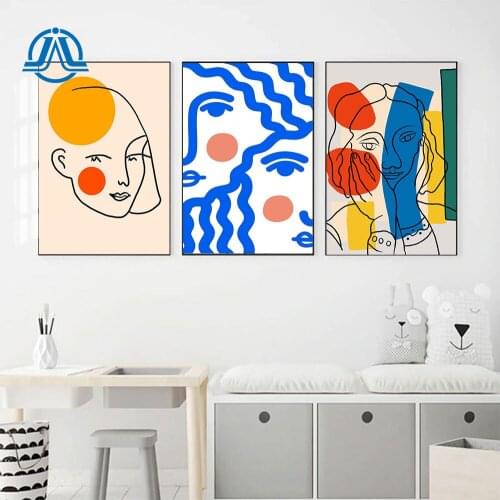 Colorful Line Art Posters Prints Girl With Red Face Abstract Canvas Painting Nordic Modern Pictures For Living Room Decoration