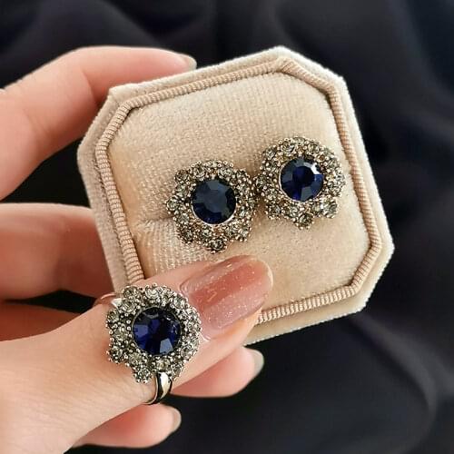 LEEKER Vintage Crystal Flower Ring And Stud Earrings Red Blue Gray Color Stones Women Wedding Jewelry Sets 002 LK2