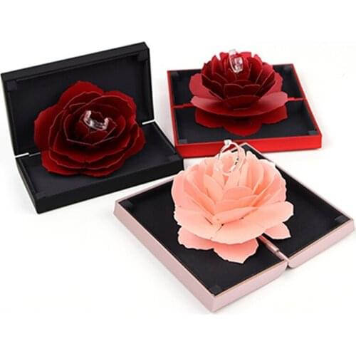 3D Fashion Elegant Rings Joyful Red Box Wedding Engagement Case Rose Flower Gift For Love Jewelry Display Storage Holder
