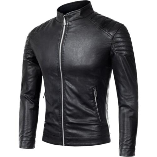 New Casual Mens Motorcycle Leather Jacket Fashion Men Zipper Solid Color PU Jackets Male Bomber Leather Jackets Coats