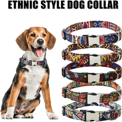 Geometric Pattern Pet Dog Collar Colorful Indian Ethnic Pattern Polyster Cotton Puppy Neckband Snap Buckle Neck Band