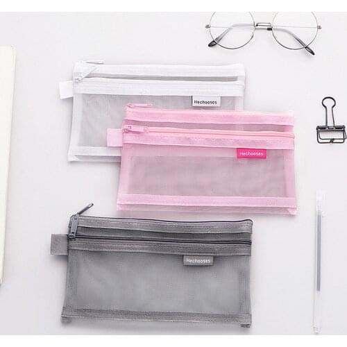 Simple Transparent Double Mesh Nylon Pencil Case Office Student Pencil Bags School Supplies Pen Box Cosmetic Makeup Storage Bag