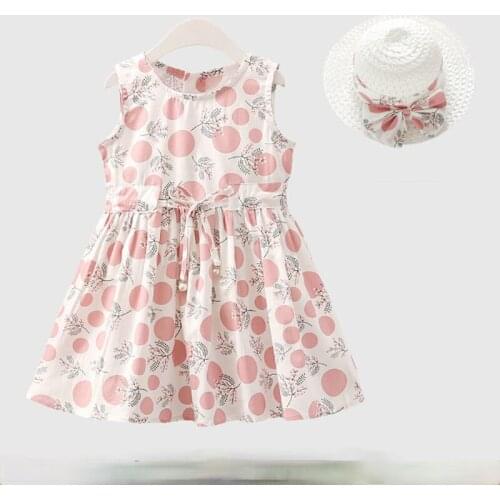 Girls Dress + Hat Cotton Comfortable Childrens Wear 2021 Summer Trendy Dress Floral Girl Sleeveless Dress