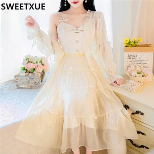 SWEETXUE Fairy Dress Women Elegant Sweet Party Dress Organza Bow Straps Dress And Cardigan Shirt Kawaii Summer 2021 Female