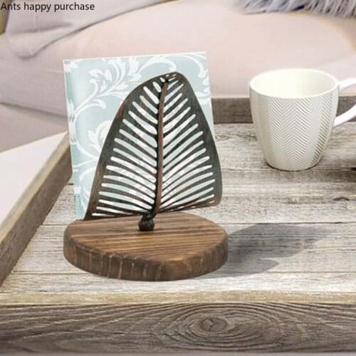 Solid Wood Base Wrought Iron Leaf Tissue Holder Desktop Vertical Napkin Holder Paper Towel Storage Seat Paper Holders Tissue Box