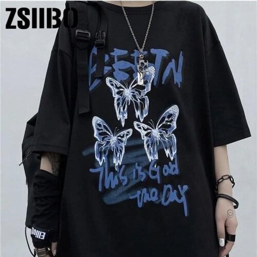 Butterfly letter Punk Print Loose T-shirt Harajuku Casual Chic Cartoon Streetwear Women Shirt vintage tshirt accessory top bar